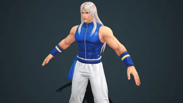 男性角色模型  传统武道风格  沉稳气质  无袖蓝劲装  武道服  武侠题材  简洁大气  蓝白配色  