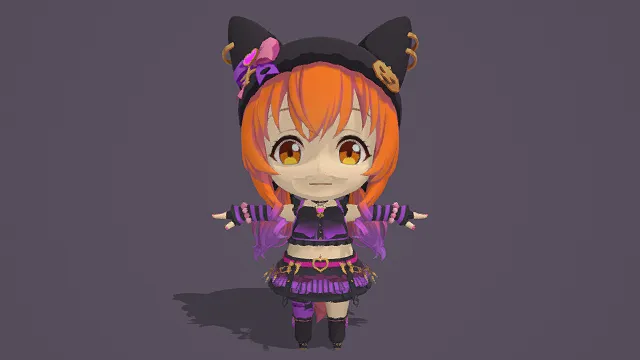3D卡通风格橙紫黑系Q版猫耳角色模型，创意设计（3D角色、卡通风格、Q版奇幻风，角色设计主题）