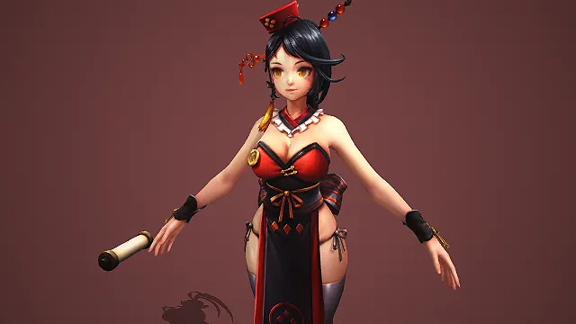 穿红黑古风服饰的冷艳御姐游戏角色 NPC 模型
