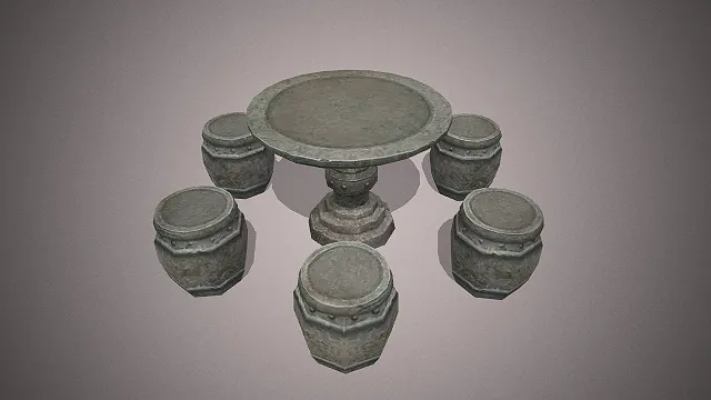 一个写实风格的3D中式石桌石凳模型组合