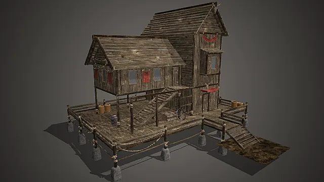 国风渔村风格临水高低错落木屋模型