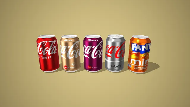 卡通风格五款碳酸饮料组合 3D 低多边形休闲场景装饰模型