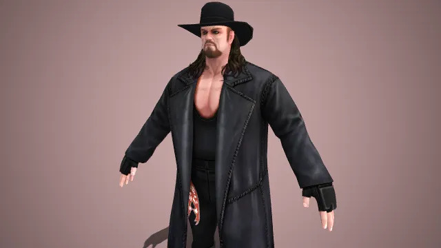  WWE 传奇摔角手  送葬者  皮风衣  红焰纹样  暗黑哥特风格  死神  宽檐黑帽  紧身裤  