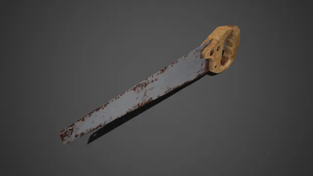 手锯  金属锯片与木质手柄  锈迹与磨损划痕  铆钉  传统木工工具  实用性