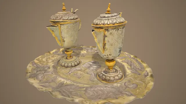 3D卡通风格复古银器茶具套装模型，创意设计（3D茶具、卡通风格、复古奢华风，茶具设计主题）