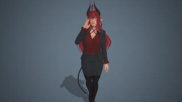 红发魅魔  恶魔角与尖耳  缎面衬衫  西装套裙