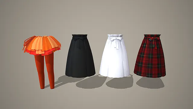 橙渐变蛋糕裙与黑白格纹蝴蝶结半身裙四件套 3D 模型