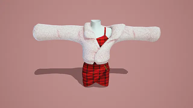 学院风格白色上衣红格裙套装3D模型，简约设计