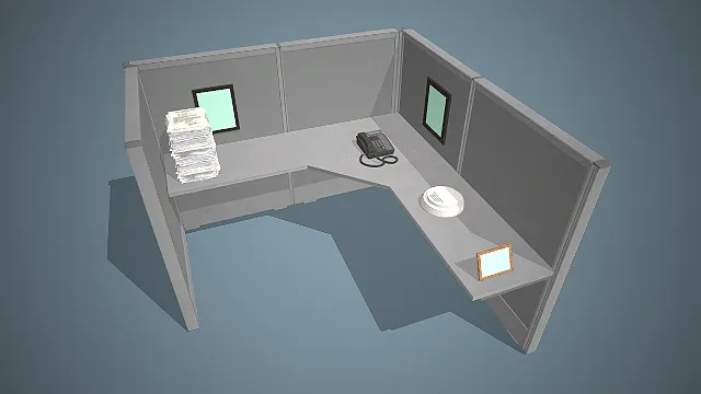 L 型办公隔间  办公场景  黑色多线电话机  堆叠文件资料