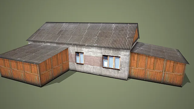 灰墙配木质附屋及金属长顶的乡村简约平房建筑 3D 场景模型