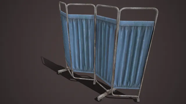 做旧风格  医用移动屏风  多扇拼接结构  蓝色隔帘  空间分隔  陈旧锈蚀