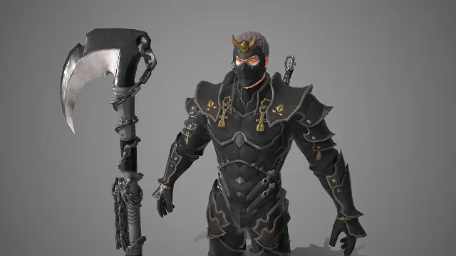 刺客型角色  黑曜暗甲  金色纹饰  隐蔽性  镰斧  近战突袭  反派  邪魅