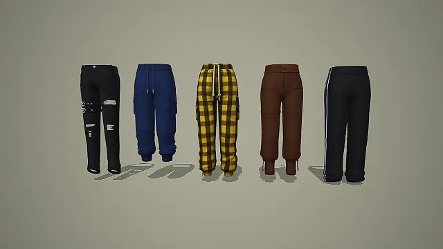 破洞皮裤与格纹束脚裤多风格长裤套装 3D 模型