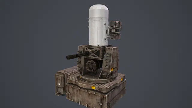   3D写实风格军用防空武器模型，创意设计（3D军用武器、写实风格、大型防空炮装置、硬核军事风、科技主题、写实设计感）