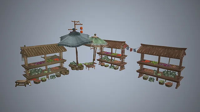 古风菜市场  木质货架  竹篮生鲜道具  古代市井烟火