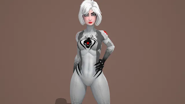 3D卡通风格白黑红系蜘蛛女侠角色模型，创意设计（3D角色、卡通风格、科幻风，角色设计主题，物品元素）