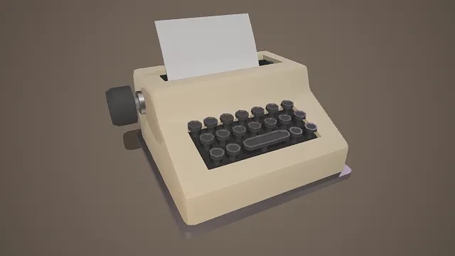 卡通风格3D复古打字机模型，创意设计（卡通复古打字机、3D模型、经典打字机结构、黑色按键、白色纸张、简约造型）