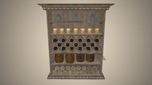 一款中世纪酒馆风格的，写实酒窖陈列柜3D模型