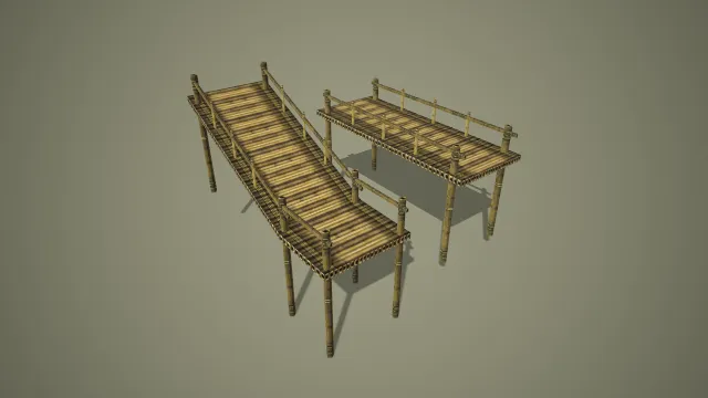 写实风格双组带护栏木质栈道 3D 野外场景道具模型