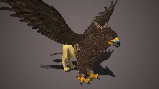 鹰狮  棕褐鳞羽覆盖  猛禽形态  层次分明的羽毛  尖锐喙爪  浅黄狮身  迅猛  力量感