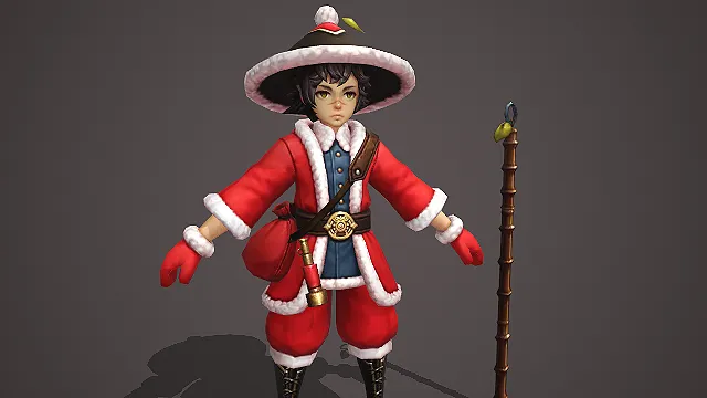 卡通 Q 版红袍斗笠竹杖江湖圣诞侠客 3D 角色模型