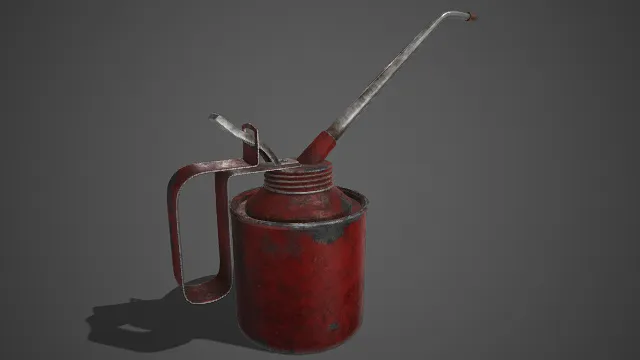 金属油壶  红漆金属材质  漆层斑驳脱落  锈迹与磨损  机械保养工具  润滑油  
