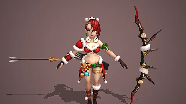 卡通 Q 版圣诞装红发女弓箭手带节日猎弓 3D 游戏角色模型