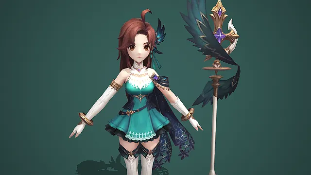 青蓝短裙少女法师角色模型带紫晶权杖套装