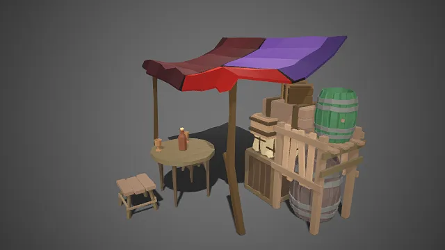 低多边形  小镇市集  彩布棚顶  木桌木凳  酒瓶酒杯  木箱木桶