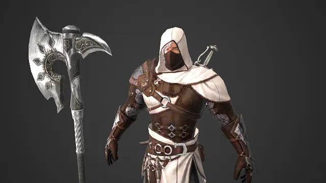 白袍刺客  潜行者  金属护甲  暗刃  游戏男角色  雕花巨斧  蒙面  隐匿性