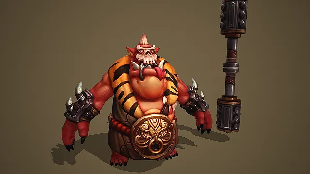 红皮獠牙食人魔战士带钉纹巨锤部落首领 3D 游戏模型