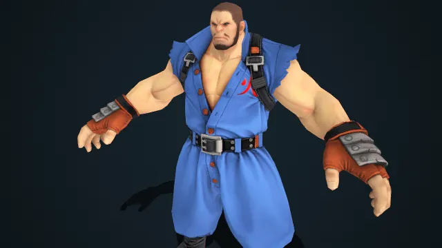 刚猛  格斗游戏角色  寸头络腮胡  身形壮硕  武斗装束  蓝黑棕主色  工装武服