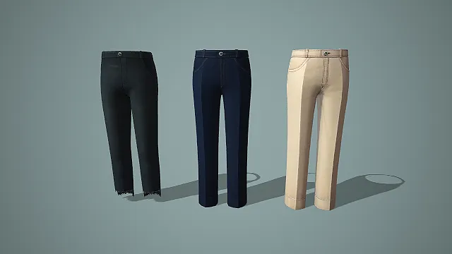 深灰毛边裤与深蓝浅卡其卷边直筒裤三件套 3D 模型