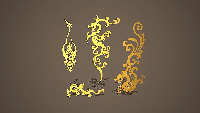 中式变体龙纹与鱼形纹样组合 3D 低多边形国风装饰模型