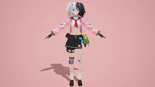 二次元风格3D少女角色模型，创意设计（二次元少女、双拼色发型、粉白黑配色服饰、红色领巾、黑色短裙、机械护膝、绿色挎包）