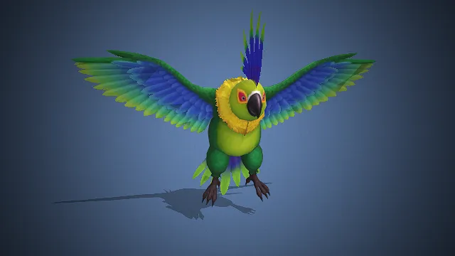 一只色彩斑斓的鹦鹉的3d模型，有着渐变羽毛