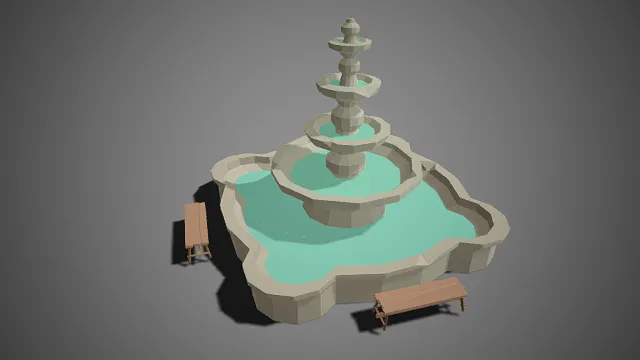 低多边形  广场喷泉  多层叠水结构  木质长椅  公共水景  休闲  