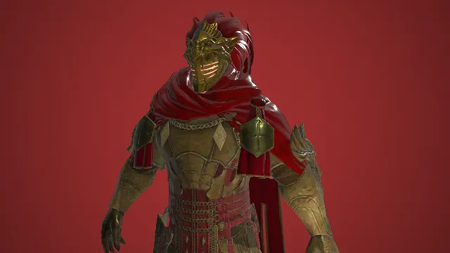 重装武士  游戏角色模型  猩红元素  奇幻风格  鳞纹重甲  龙形雕饰  甲胄  厚重质感