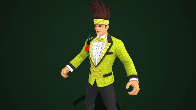 时尚潮流风格  棕发  黄绿纹头带  张扬活泼  西装  礼服元素  潮流格斗类