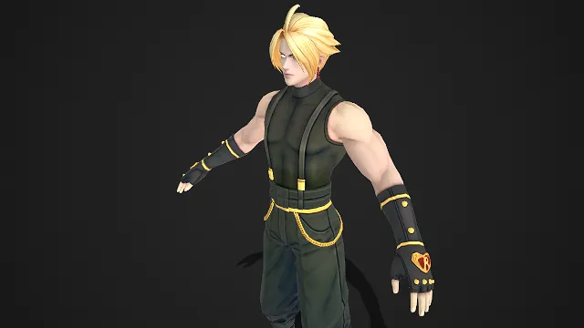 3D 男性角色建模  金发  立领造型  身形健硕  无袖背带装  金色装饰  机能风酷帅感  暗黑格斗