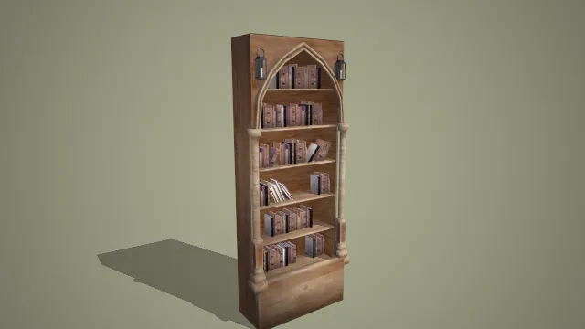 哥特式尖拱木质高柜带古籍藏书与壁灯装饰 3D 模型