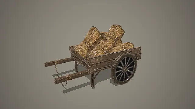 写实风格做旧木质运货马车与货物 3D 模型 古代运输场景道具素材