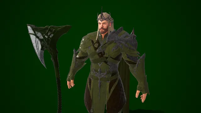 游戏角色  森林元素  银纹冠饰  巨斧  暗纹战甲  优雅  精致  金发精灵