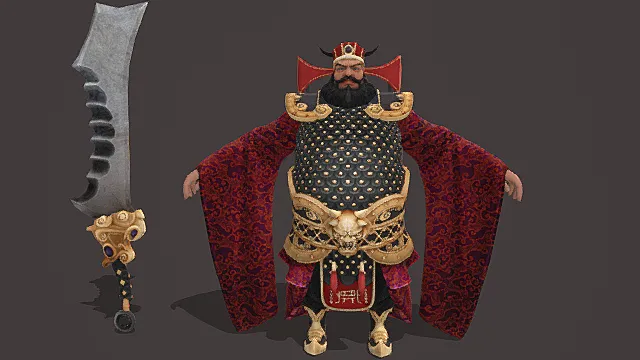 国风猛将风格男性角色模型（红黑金配色战甲造型）