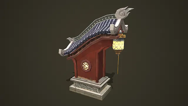 带挂灯与花窗的中式古风建筑山墙部件