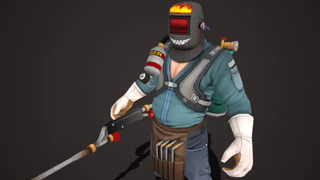 工装服饰  3D 角色模型  深色焊盔  焊枪类武器  机械师  工业风  工装夹克与牛仔裤  锯齿