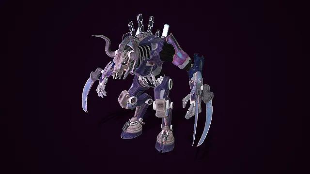 紫蓝机甲战牛：幽棘刃爪科幻机械兽模型