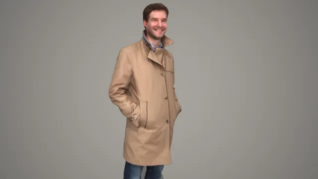 卡其长风衣配牛仔裤男士日常休闲站姿 3D 模型