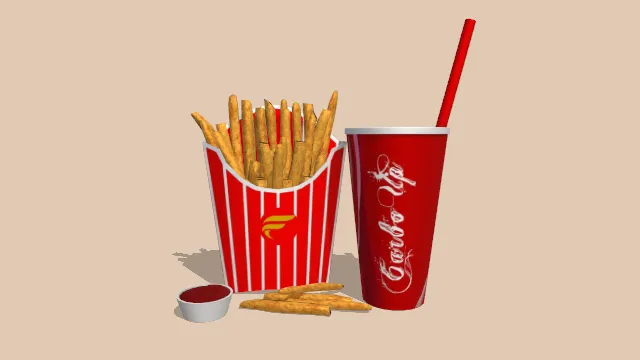 红色纸盒子装的炸薯条零食可乐饮品有番茄酱