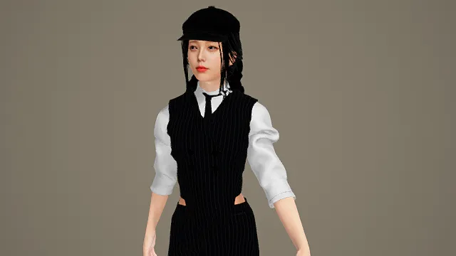 3D写实风格黑白制服女性模型，创意设计（3D写实女性、写实风格、简约干练、制服主题、写实设计感）
